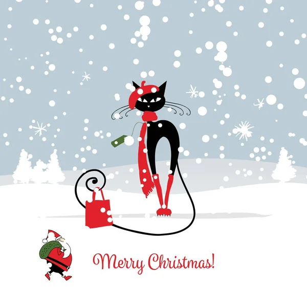 Χριστουγεννιάτικη κάρτα με μόδα μαύρη γάτα — Διανυσματικό Αρχείο