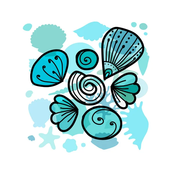 Fondo marino, conchas marinas adornadas para su diseño — Vector de stock
