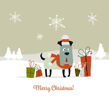 Noel kartı, hediyeler santa köpek. 2018 sembolü