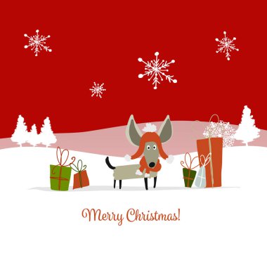 Noel kartı, hediyeler santa köpek. 2018 sembolü