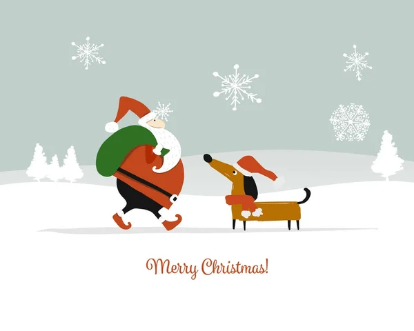 Kerstman met hond, symbool van 2018. Kerstkaart — Stockvector