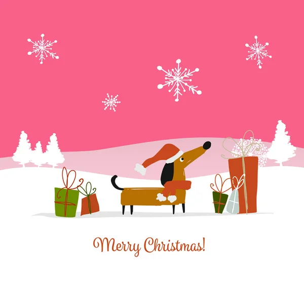 Kerstkaart, santa hond met geschenken. Symbool van 2018 — Stockvector