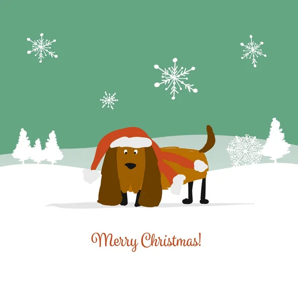 Kerstkaart, santa hond in het bos. Symbool van 2018 — Stockvector