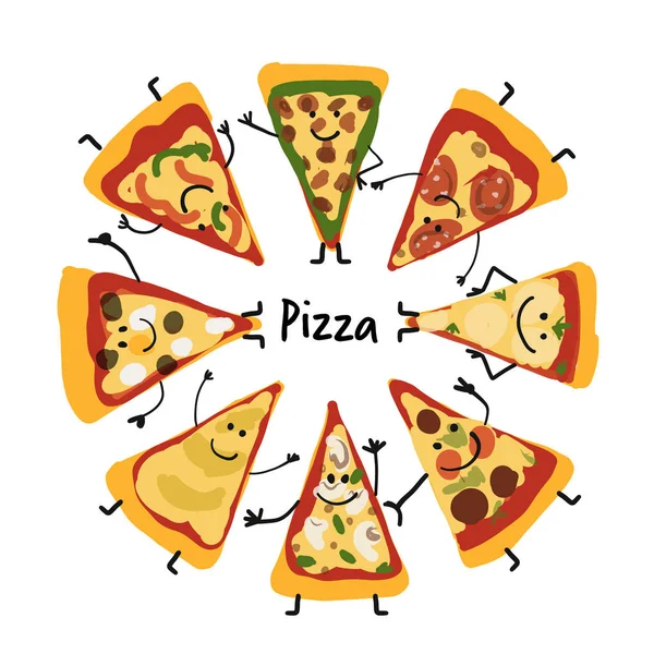 Pizza rebanadas juego de caracteres, boceto para su diseño — Vector de stock