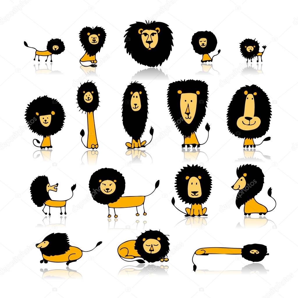 Funny lions set, sketch for your design. Vector illustration
