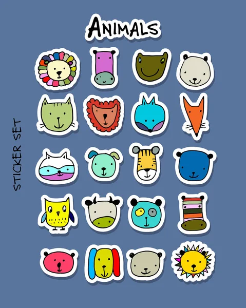 Conjunto de caras de animales, conjunto de pegatinas para su diseño — Vector de stock