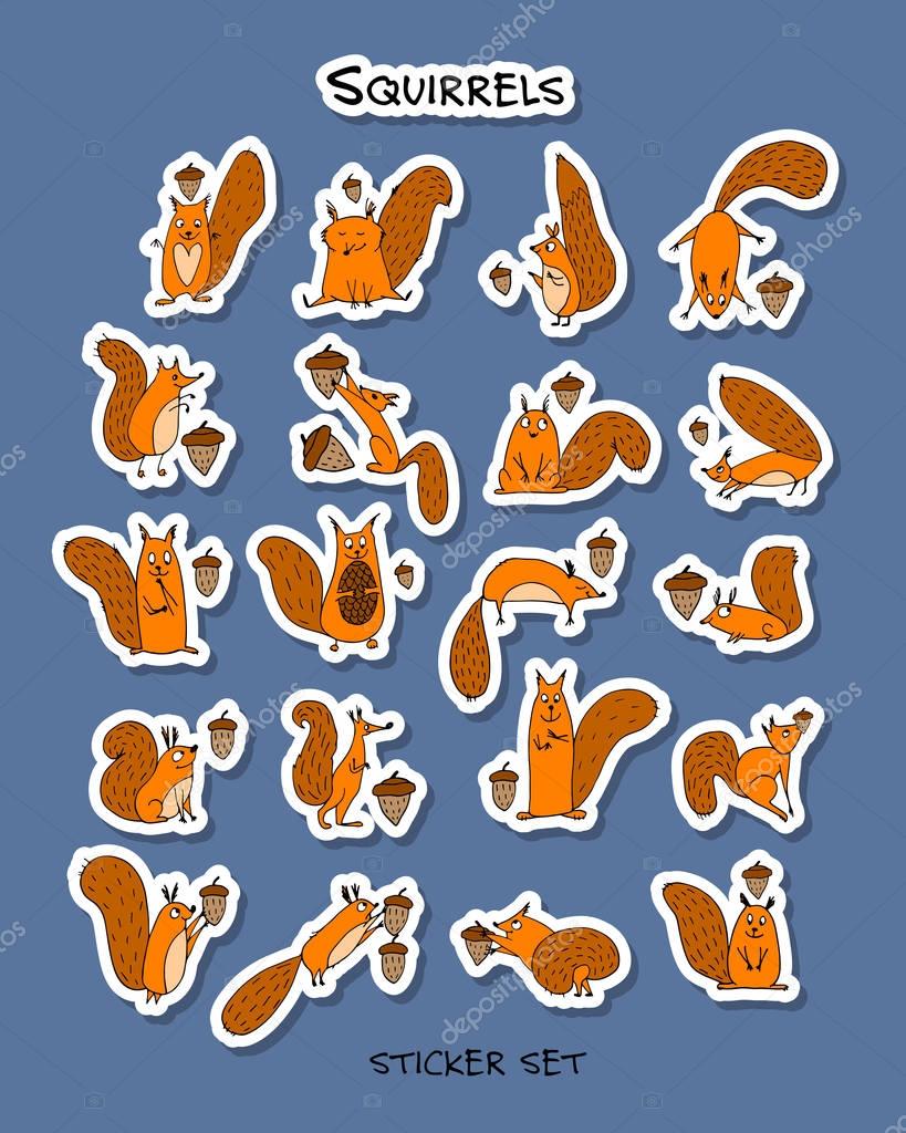 Funny squirrels, sticker set for your design. Vector illustration