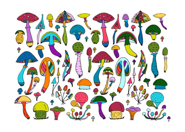 Conjunto de hongos fantásticos, boceto para su diseño — Archivo Imágenes Vectoriales
