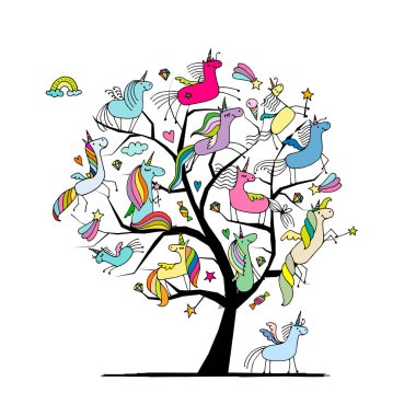 Sihirli tek boynuzlu at ağaç, tasarımınız için kroki