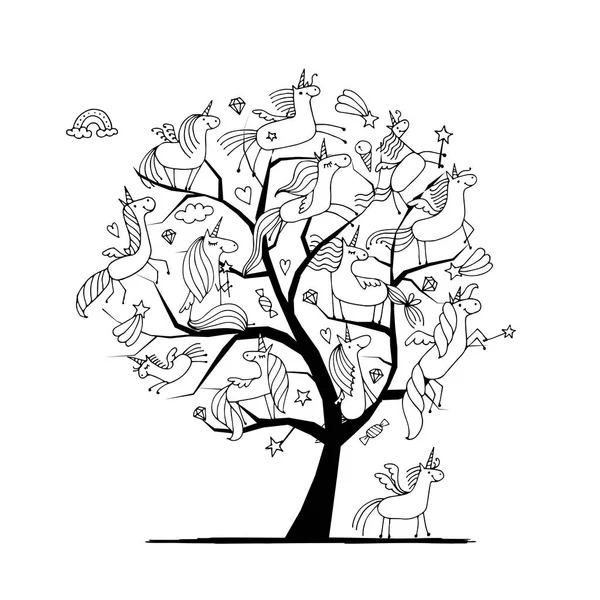 Magic unicorns tree, sketch for your design — Stock Vector