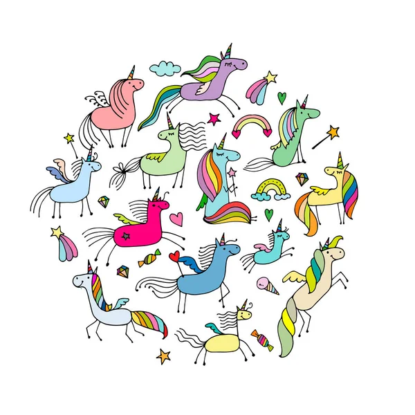 Colección de unicornios mágicos, boceto para tu diseño — Archivo Imágenes Vectoriales