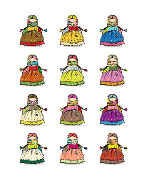 Ręcznie robione folk lalka maskotka, kolekcja dla Twojego projektu — Wektor stockowy