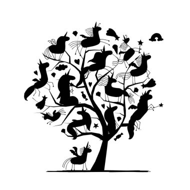 Sihirli tek boynuzlu at ağaç, tasarımınız için kroki