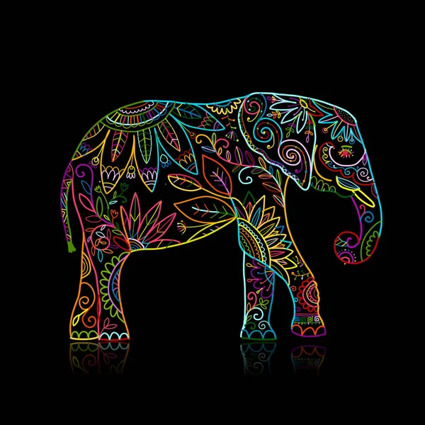 Eléphant orné, croquis pour votre design — Image vectorielle