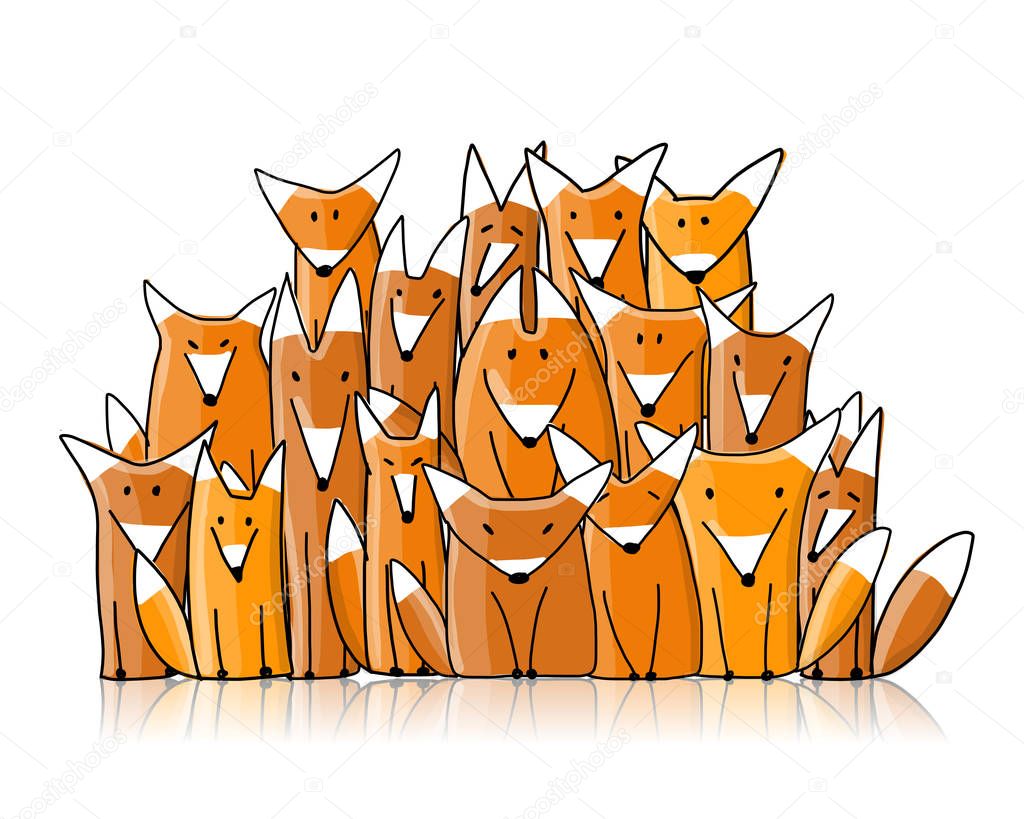 Foxes big family, sketch for your design. Vector illustration