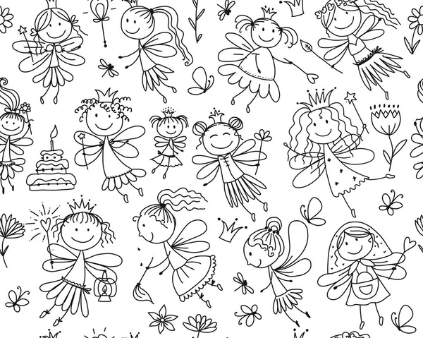 Cute little fairies collection, sketch for your design — Stock Vector