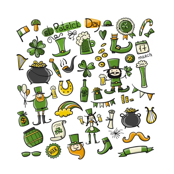 Saint Patrick Day, set icons. Sketch for your design — Stock Vector