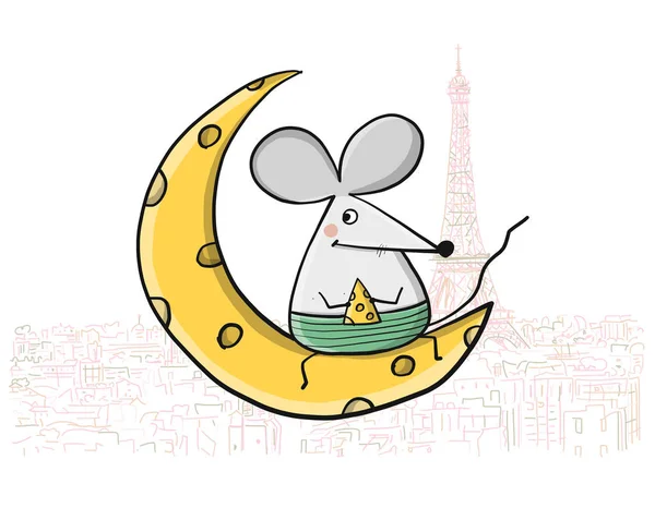 パリの面白いマウス、街並みの背景 — ストックベクタ