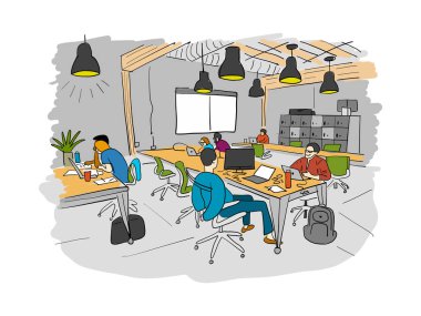 Ortak çalışma merkezi kavramı. İş toplantısı. Ortak çalışma ortamı. İnsanlar açık uzay ofisindeki bilgisayarlarda konuşup çalışıyor. Tasarımınız için çizim