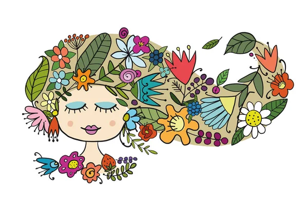 Bonita cara femenina con peinado floral para tu diseño — Vector de stock