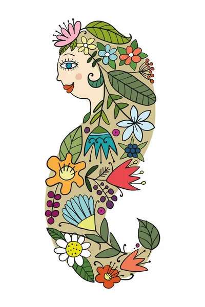 Hübsches weibliches Gesicht mit floraler Frisur für Ihr Design — Stockvektor