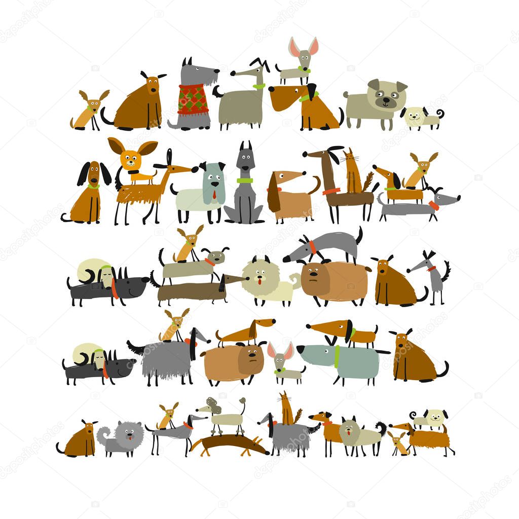 Cute dogs collection, sketch for your design. Vector illustration