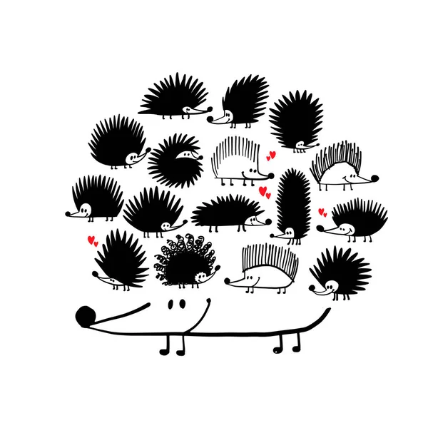 Funny hedgehog family, black silhouette for your design — Stock Vector