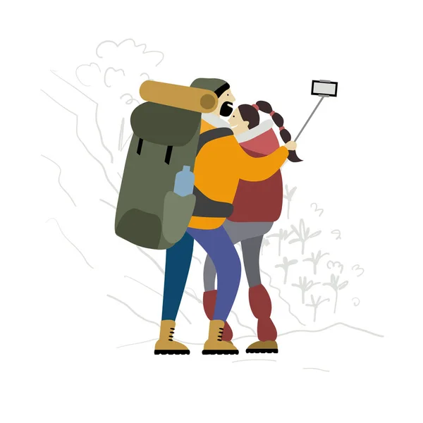 Para wędrowców z plecakami robi selfie w górach — Wektor stockowy