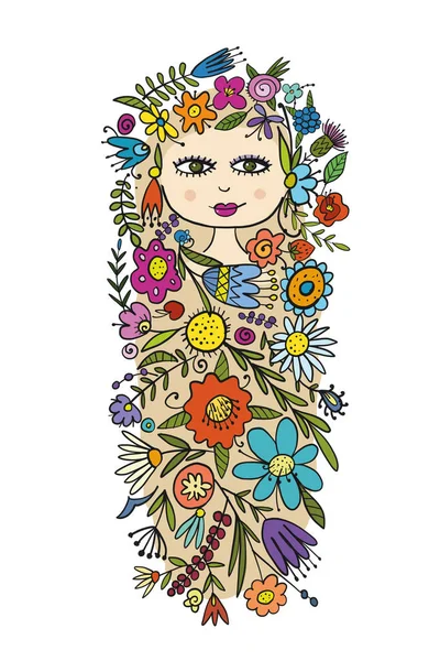 あなたのデザインのための花の髪型とかなり女性の顔 — ストックベクタ