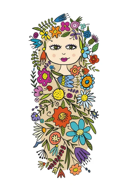 Bonita cara femenina con peinado floral para tu diseño — Vector de stock