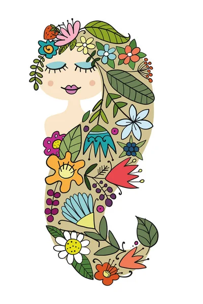 Bonita cara femenina con peinado floral para tu diseño — Vector de stock