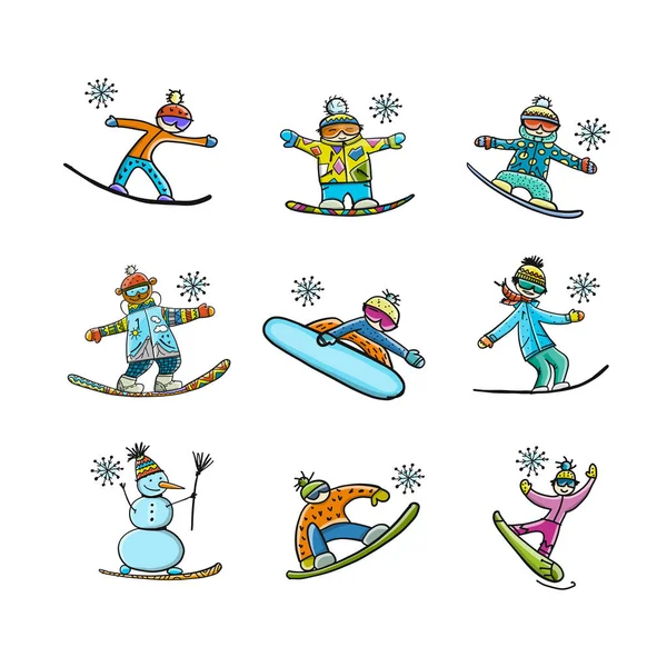 Snowboarders collection, sketch for your design — Stock Vector