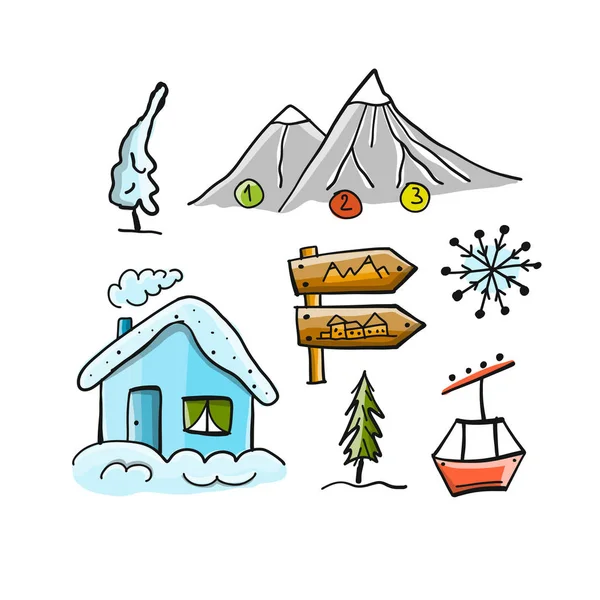 Χιονοδρομικό κέντρο, χειμερινές διακοπές, σκίτσο για το σχεδιασμό σας — Διανυσματικό Αρχείο