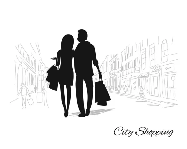 Pareja con bolsas de compras en la ciudad — Vector de stock