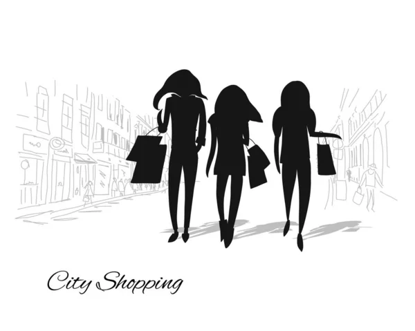 Chicas con bolsas de compras en la ciudad — Archivo Imágenes Vectoriales