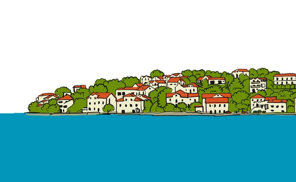 Vieja ciudad europea. Mar Mediterráneo. Boceto para su diseño — Vector de stock