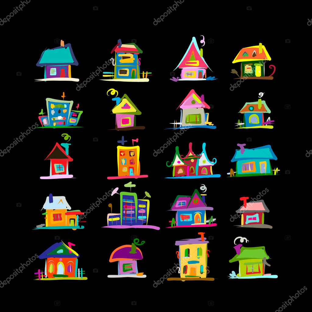 Sketch of art houses for your design. Vector illustration