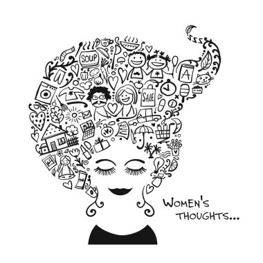 Güncel olaylar hakkında kafa kadın düşünceleri. Tasarımınız için çizim