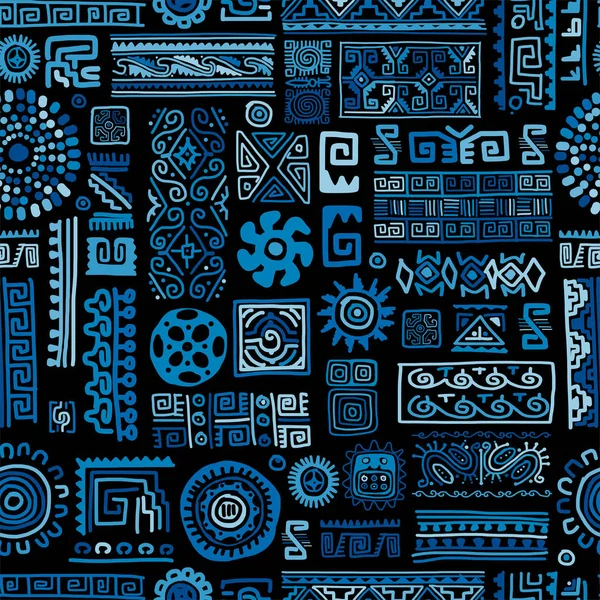 Azul étnico ornamento hecho a mano, patrón sin costuras — Vector de stock