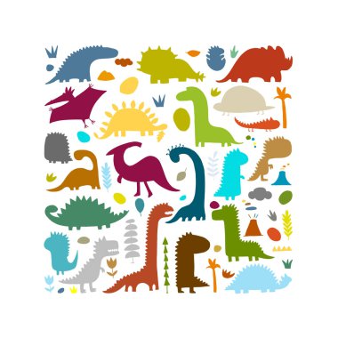 Komik dinozorlar, renkli siluetler dizaynınız için.