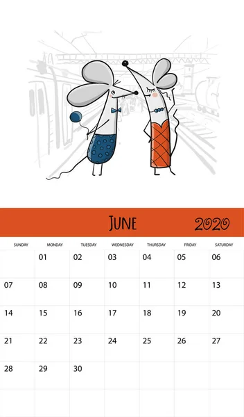 Souris drôles et Voyage, symbole de 2020 année. Conception du calendrier — Image vectorielle