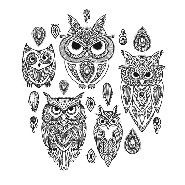 Cute owls family, ornate for your design — Stock Vector