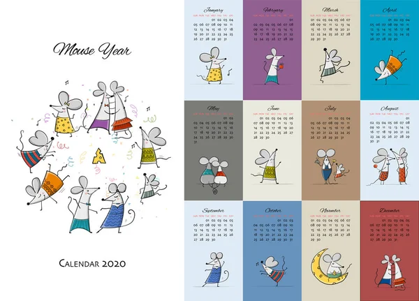 Fiesta de ratones graciosos, símbolo de 2020 año. Diseño del calendario — Archivo Imágenes Vectoriales