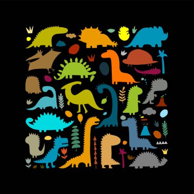 Komik dinozorlar, renkli siluetler dizaynınız için.