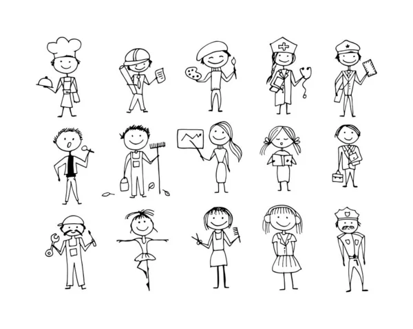 Ocupación, conjunto de personas, boceto para su diseño — Vector de stock