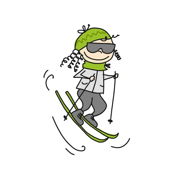 Chica de esquí lindo, dibujos animados. Boceto para su diseño — Archivo Imágenes Vectoriales