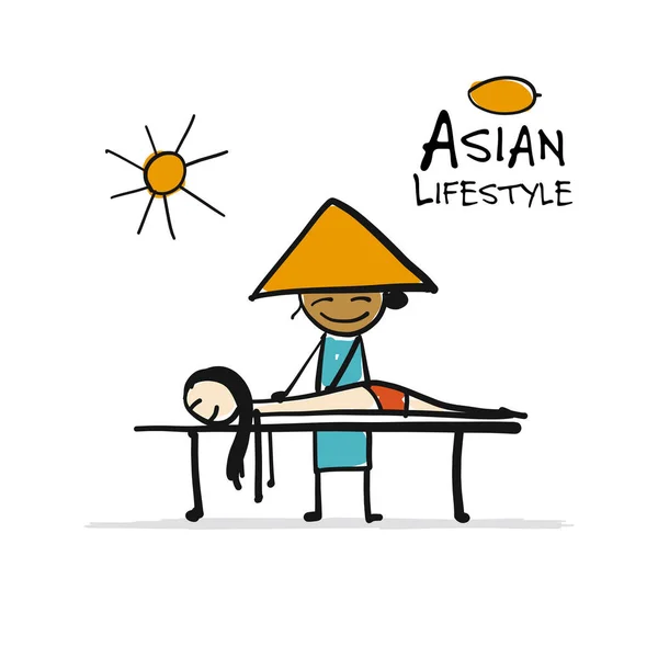 Estilo de vida asiático, personajes de la gente para su diseño. Masajista — Archivo Imágenes Vectoriales