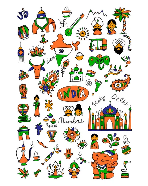 Indie, kolekcja ikony. Szkic do projektowania — Wektor stockowy