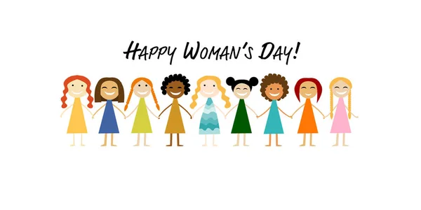 Día Internacional de la Mujer. Ilustración vectorial con mujeres lindas para su tarjeta de diseño, póster, volante y otros — Vector de stock
