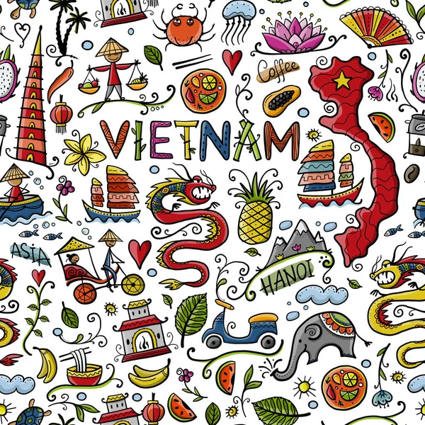 Reis til Vietnam. Sømløst mønster med tradisjonelle vietnamesiske kulturelle symboler. Vietnamesiske landemerker og livsstil for mennesker – stockvektor